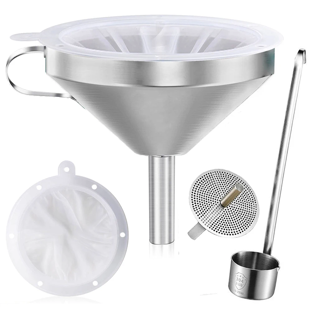 Stainless Steel Kitchen Funnels Set Oil Liquid Metal Funnel with Detachable Filter Wide Mouth Funnel for Canning Kitchen Tools