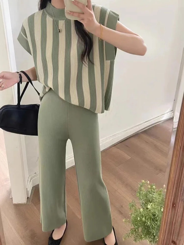 Women Sweater Pant Set Casual Pullovers Suits Spring Summer Knitted Loose Long Sleeve Striped Casual Tops Elastic Sweater Pants