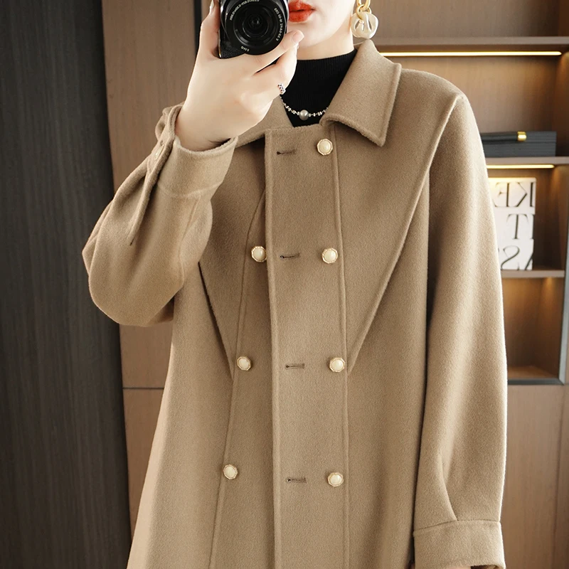 Autumn Winter New Double Sided Woolen Coat 100% Pure Wool Belt Double Breasted Long Knee Length Windproof Style Loose Fit Coat