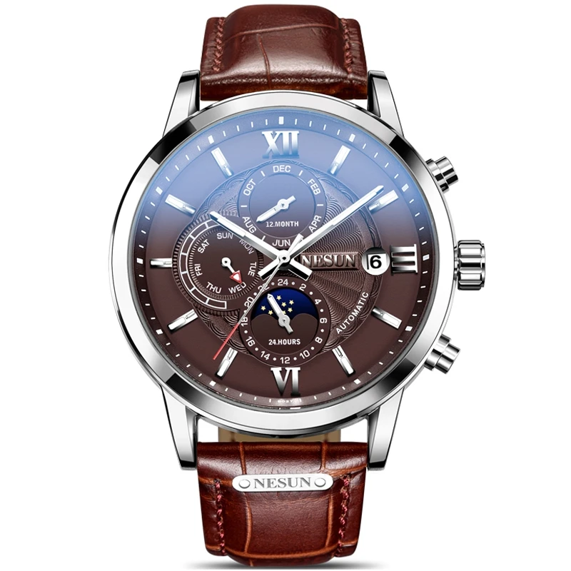Nesun für männer uhr automatische armbanduhr mechanische multifunktion ale mond phase leuchtende zeiger chronograph kalender zegarek meski
