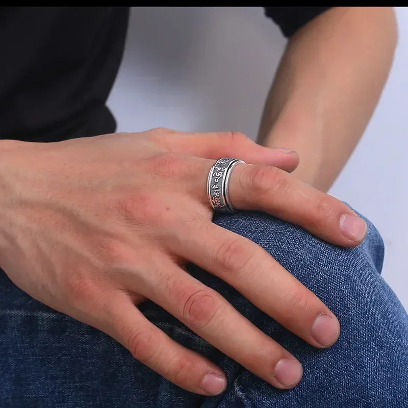 حقيقي 925 فضة خمر خواتم للرجال تدوير التبتية ست كلمات تعويذة خواتم Om ماني بادمي هوم البوذية مجوهرات #5