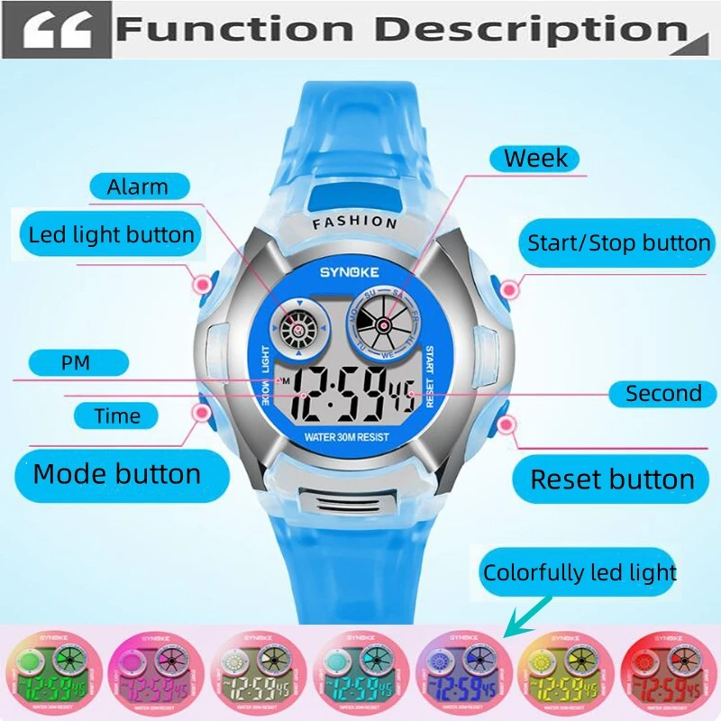 Synoke Kid\'s Digital Watches 50M Waterproof Colorfully Light Led Chronograph Boy Girl Sport\'s Alarm Clock