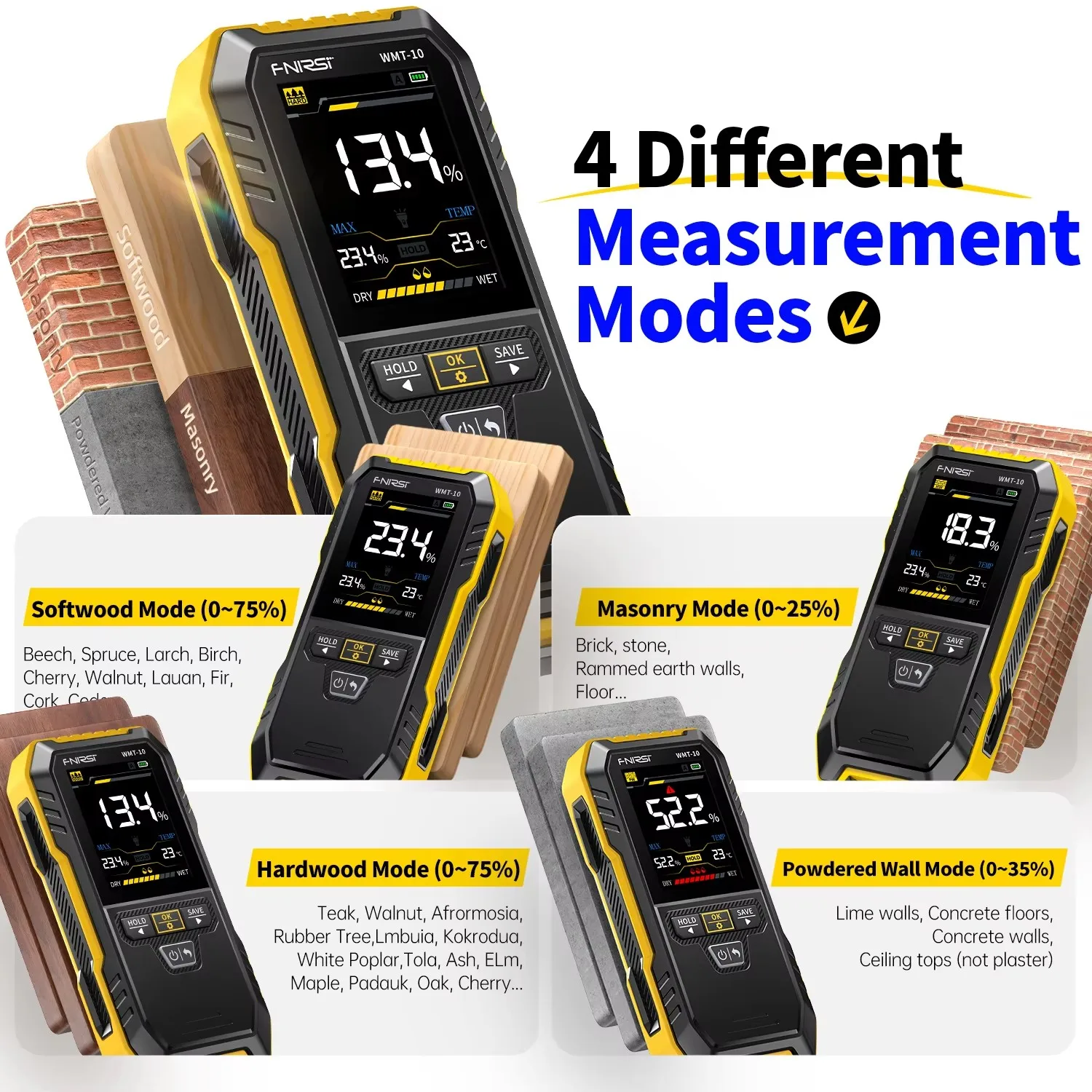 FNIRSI WMT-10 Inductive Wood Moisture Meter Hygrometer Non-contact Timber Damp Wall Detector Non-destructive Humidity Tester