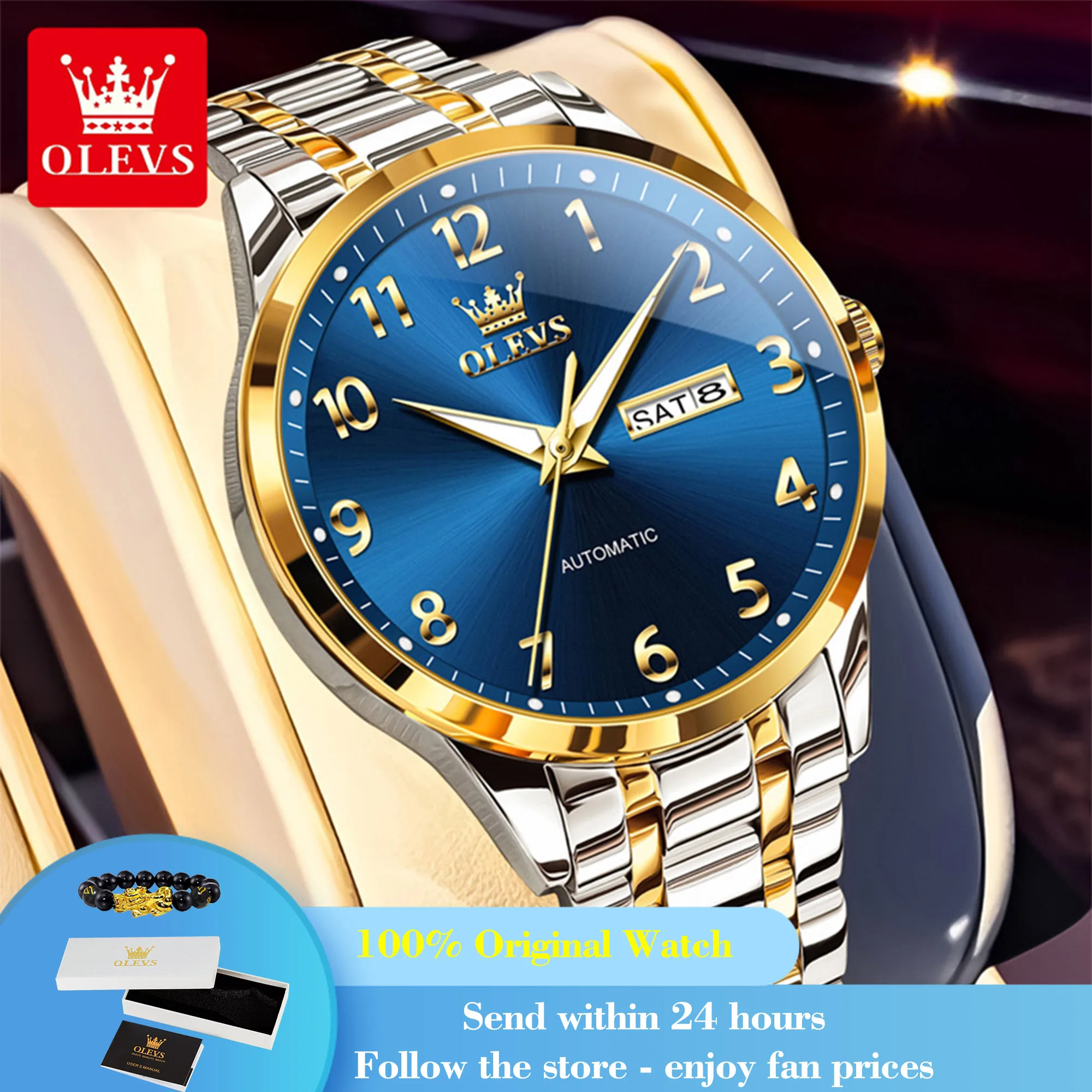 

OLEVS 7078 мужские часы оригинальные механические часы с цифровой шкалой для мужчин двойной календарь 30 м водонепроницаемые модные автоматические наручные часы