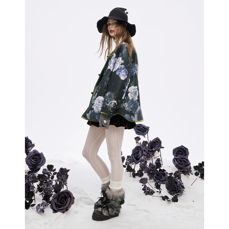 ELFSACK 2025 invierno nuevas llegadas Y2K exquisito Retro Floral gráfico estilo chino abrigo con botones para mujer