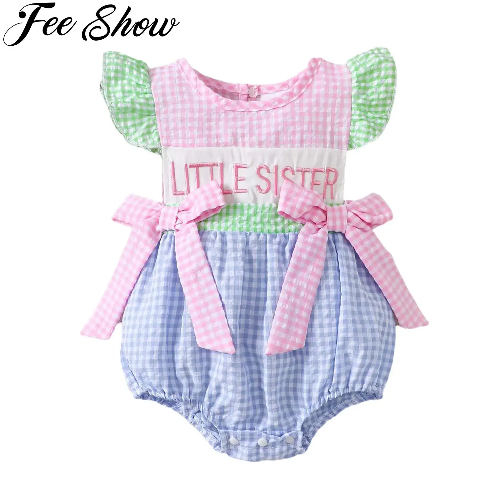

Baby Girls Summer Cute Romper Ruffled Sleeves Bow Letter Embroidery Plaid Jumpsuit Infant Clothes for Birthday Party Photoshoots