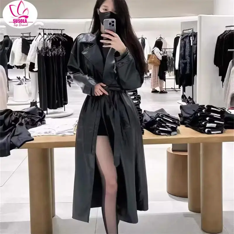 SUSOLA-Long Black PU Leather Trench Coat para as Mulheres, Patchwork, Double Breasted, solto, elegante, roupas de grife de luxo, outono, 2024
