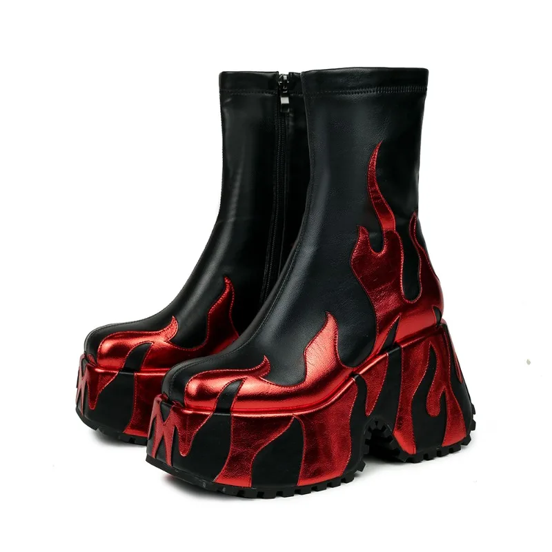 2024 Women\'s High Quality Thick High Heels, Thick Sole Side Zipper Boots, European and American Fashion Flame Show Shoes