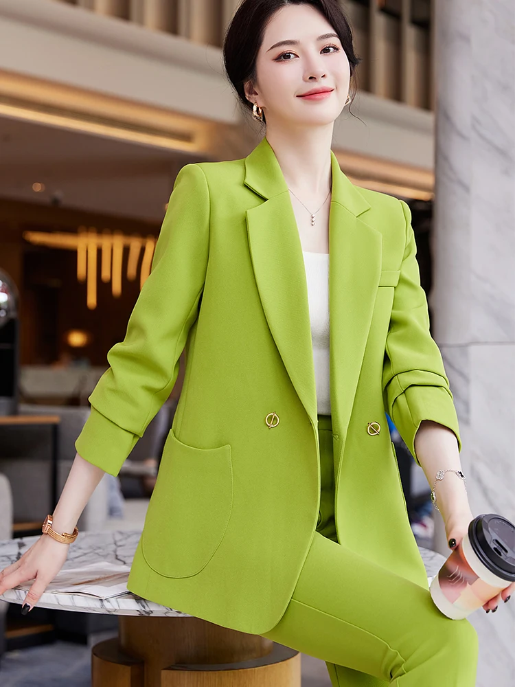 

S-3XL Pink Green Black Women Jacket and Pant Suit Blazer Female Office Lady Business Work Wear Formal 2 Piece Set With Pocket