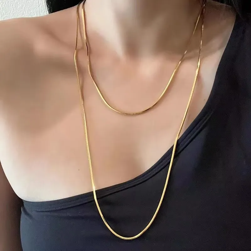 

Waterproof 120cm 49inch Stainless Steel Gold Plated Square Snake Chain Double Layer Necklace Unisex Men Women Fashion Jewelry