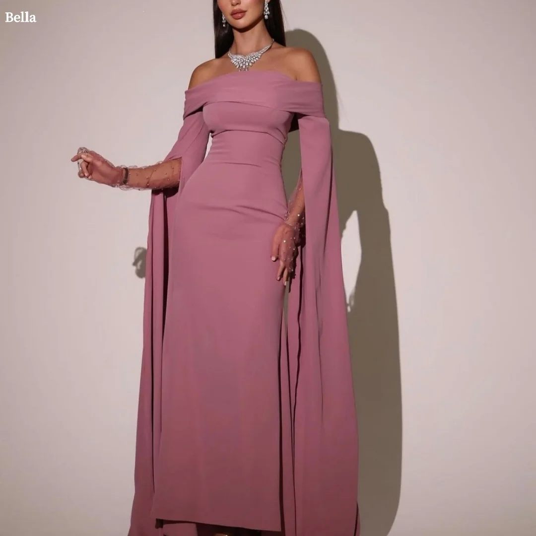 

Bella Customized Pink One Shoulder Long Sleeves robes de soirée Backless Strapless Party Dresses Chiffon A-line Prom Dress 2025