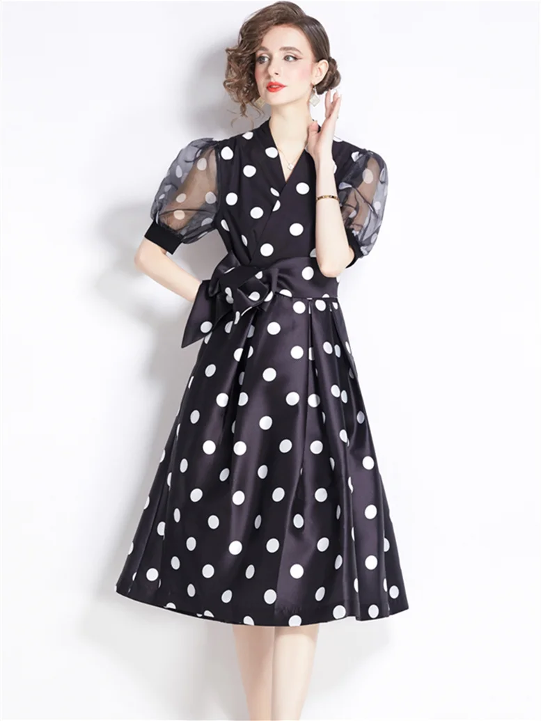 Elegant Dot Print Party Prom Dresses Women Chic Organza Puff Sleeve Bowknot Lace-up Summer Dress Big Hem Robes Female