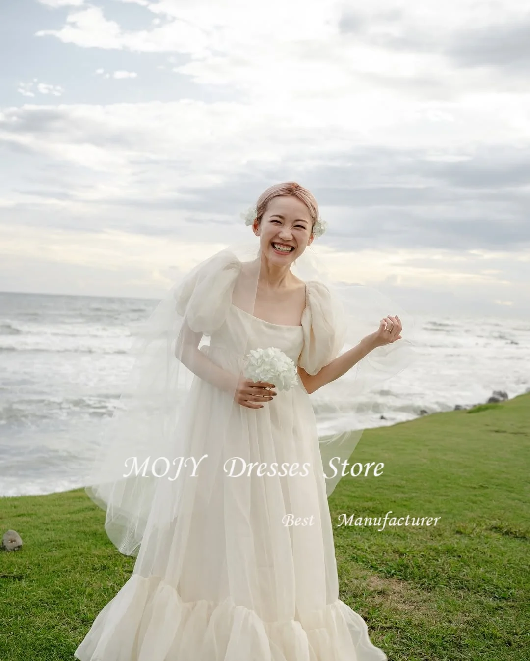فساتين سهرة بأكمام منتفخة حلوة من Mojy بطبقة مستقيمة لحفلات الزفاف الكورية تبادل لاطلاق النار من الحرير تول فساتين حفلات مخصصة مشد لحفلات الزفاف