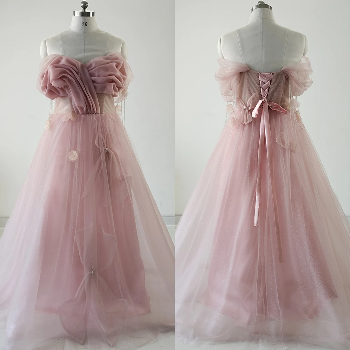 

Evening Dress Plus size Pink Tulle Pearls Off the Shoulder Pleat Boat Neck A-Line Floor-Length Party Formal Gown Woman B2806