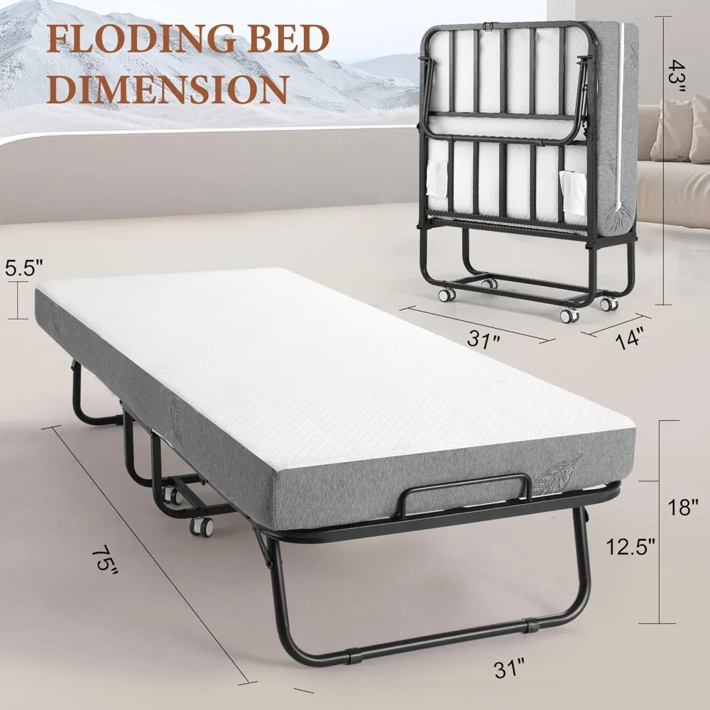 Folding Bed with Foam Mattress, Single Rollaway Bed for Guests, Space Saving Portable Bed with Lockable Wheels, 5