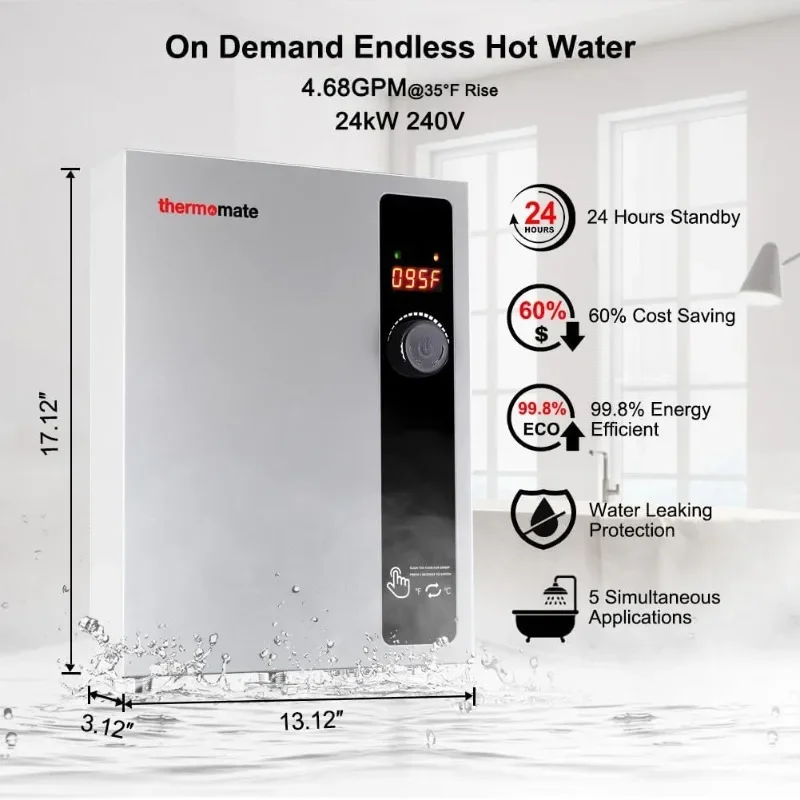 Tankless Water Heater Electric 24kW 208~240 Volt, thermomate On Demand Instant Endless Hot Water Heater