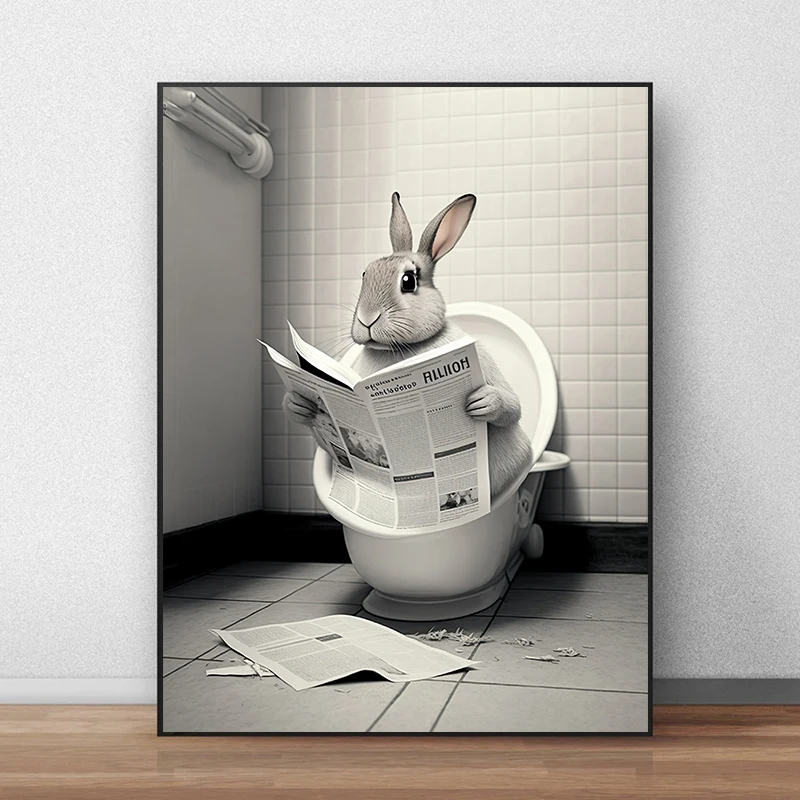 Funny Bathroom Tiger Panda Sitting on Toilet Reading Newspaper Posters Prints Canvas Printing Modern Wall Art Picture Home Decor