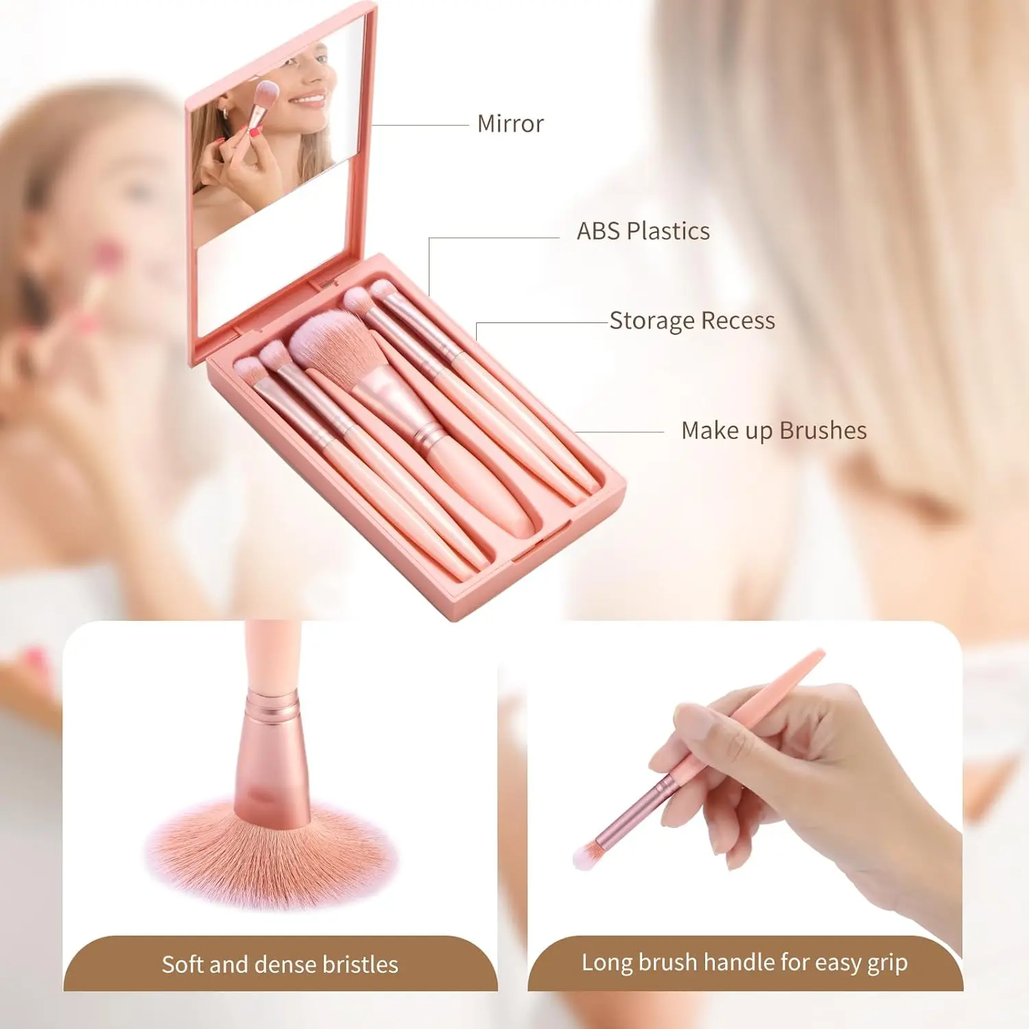 Set di pennelli per trucco da 5 pezzi con specchio, kit cosmetico portatile per fard in polvere morbida da viaggio
