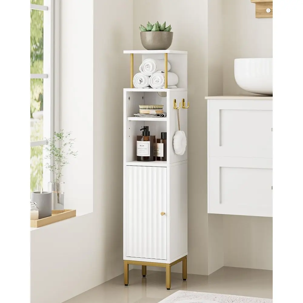 

Bathroom Storage Cabinet, Small Floor Cabinet with 2 Hooks, Narrow Toilet Paper Cabinet with Adjustable Shelves, Organizer for B