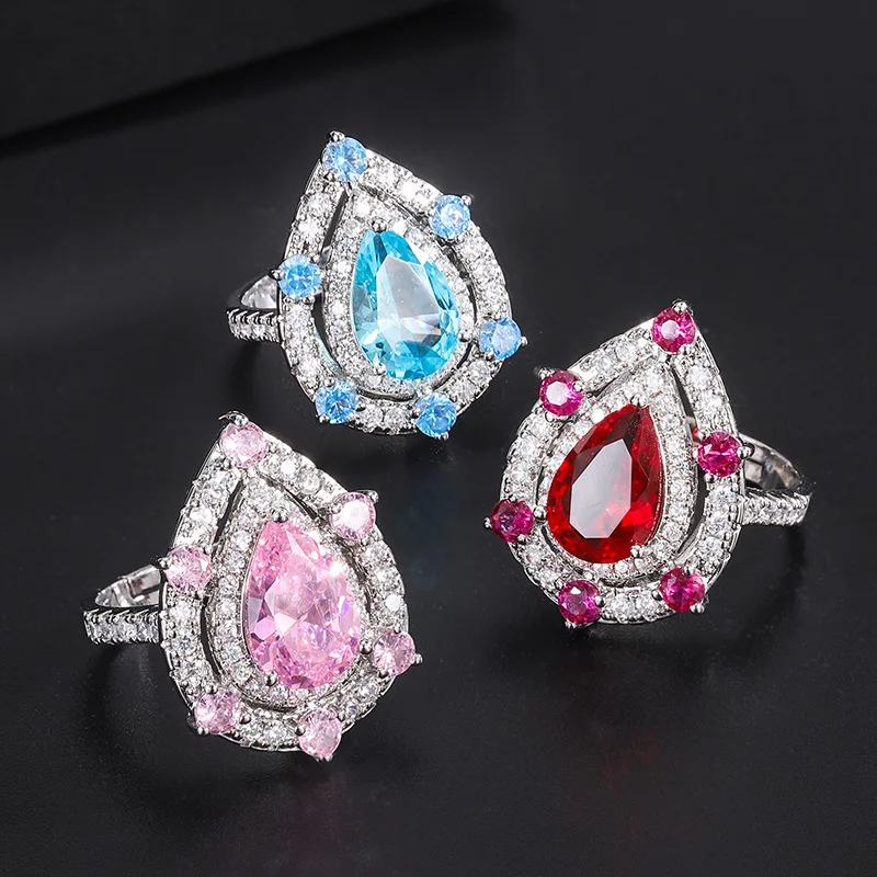 

Year Water Drop Shape Pink Diamond Inlaid Zircon Ring Evening Wedding Elegant Diamond Ring Jewelry