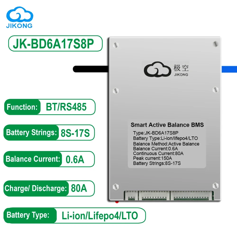 

JK BMS Bluetooth JK-BD6A17S8P 0.6 Active Balance 8S 12S 13S 14S 16S 17S Current Continuous Discharge 80A for Lifepo4 Li-ion LTO