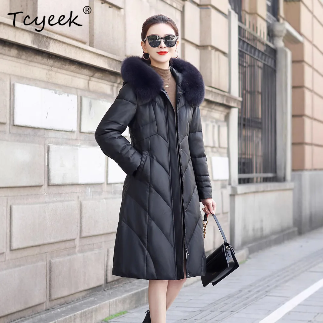 Tcyeek Vera pelle di pecora Piuma d'oca bianca Autunno Inverno Con cappuccio Nero Giacca in vera pelle da donna di media lunghezza Jaqueta Couro