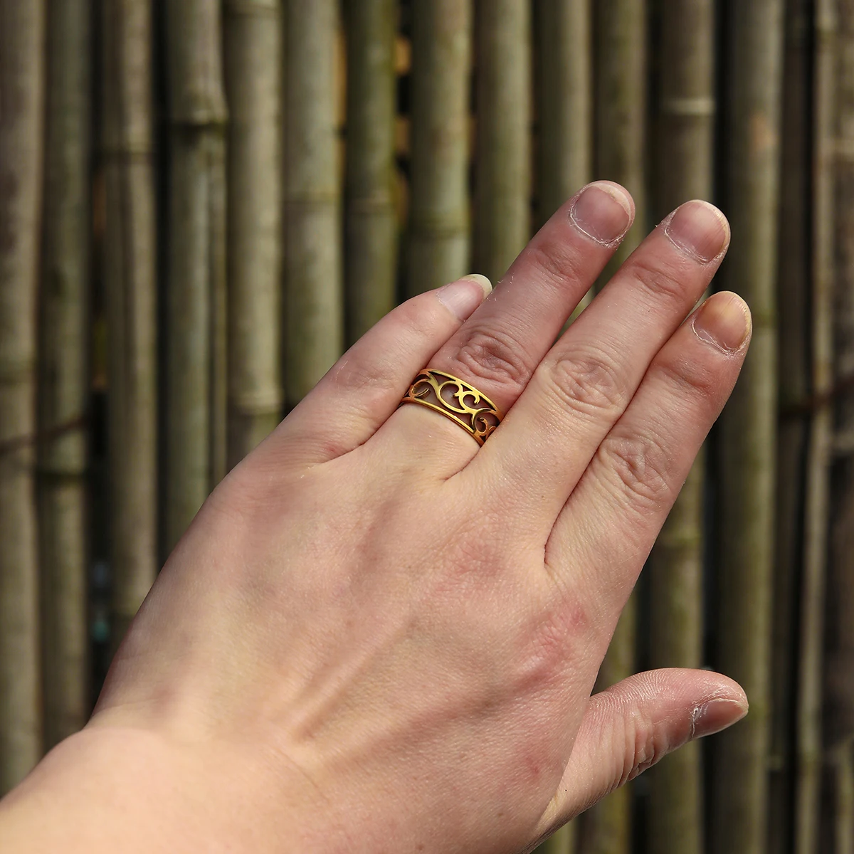 Chandler Stainless Steel Flower of Life Ring Vintage Hollow Ring Gold Filled Ring for Men and Women