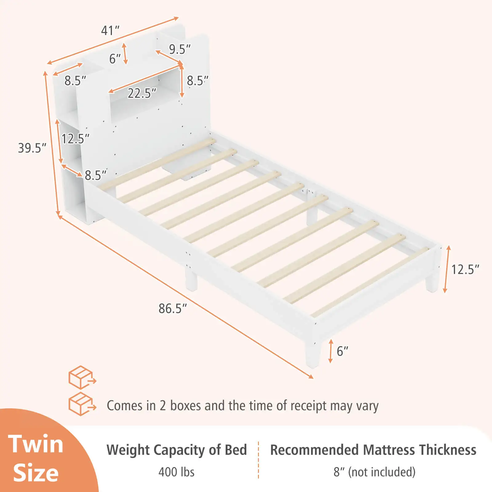 Twin Size Bed Frame Wooden Platform Bed Kids Bed Frame with Bookcase Headboard