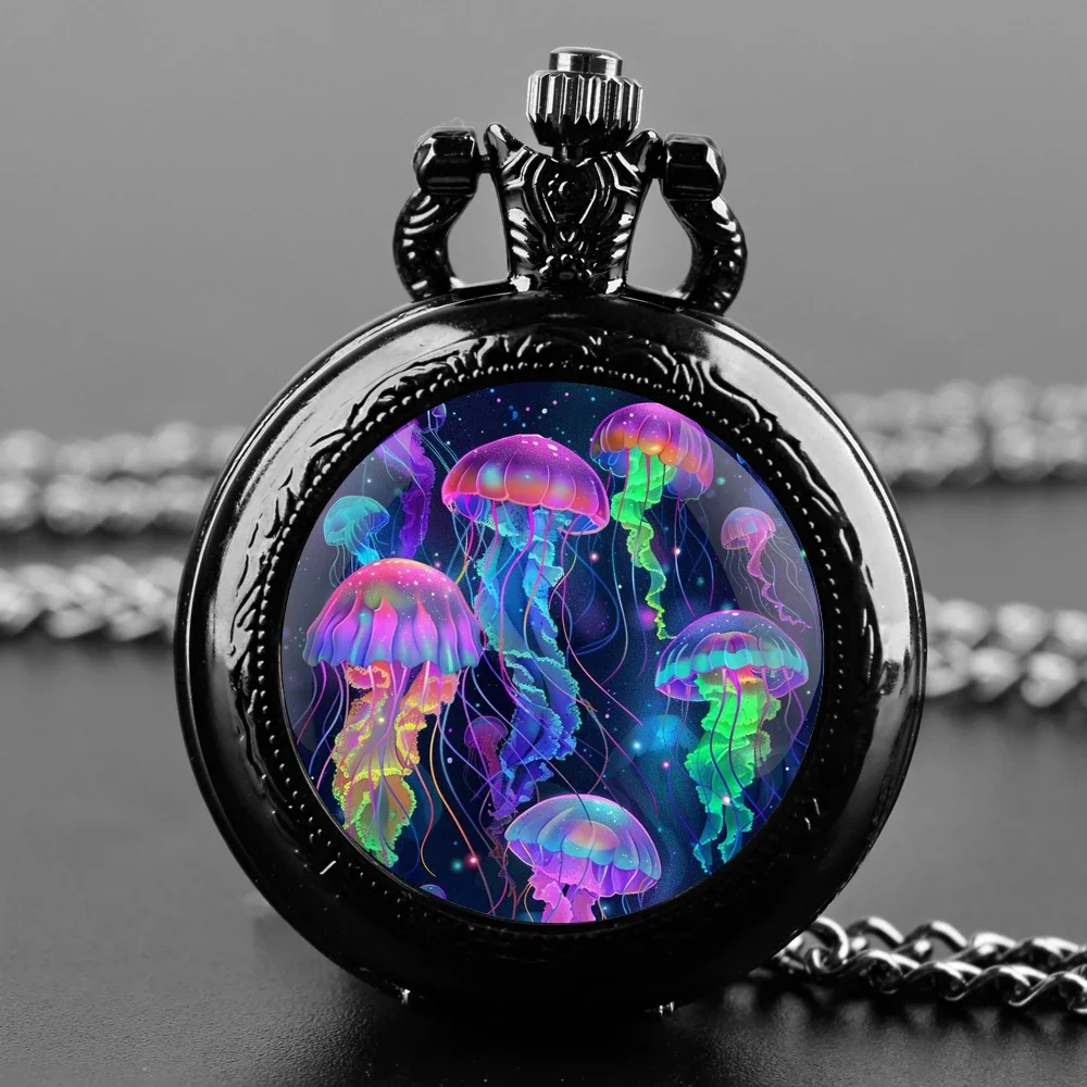 

Glowing Jellyfish Glass Dome Quartz Pocket Watch With Durable Chain Arabic Numeral Dial Creative Gifts for Men Women Kids