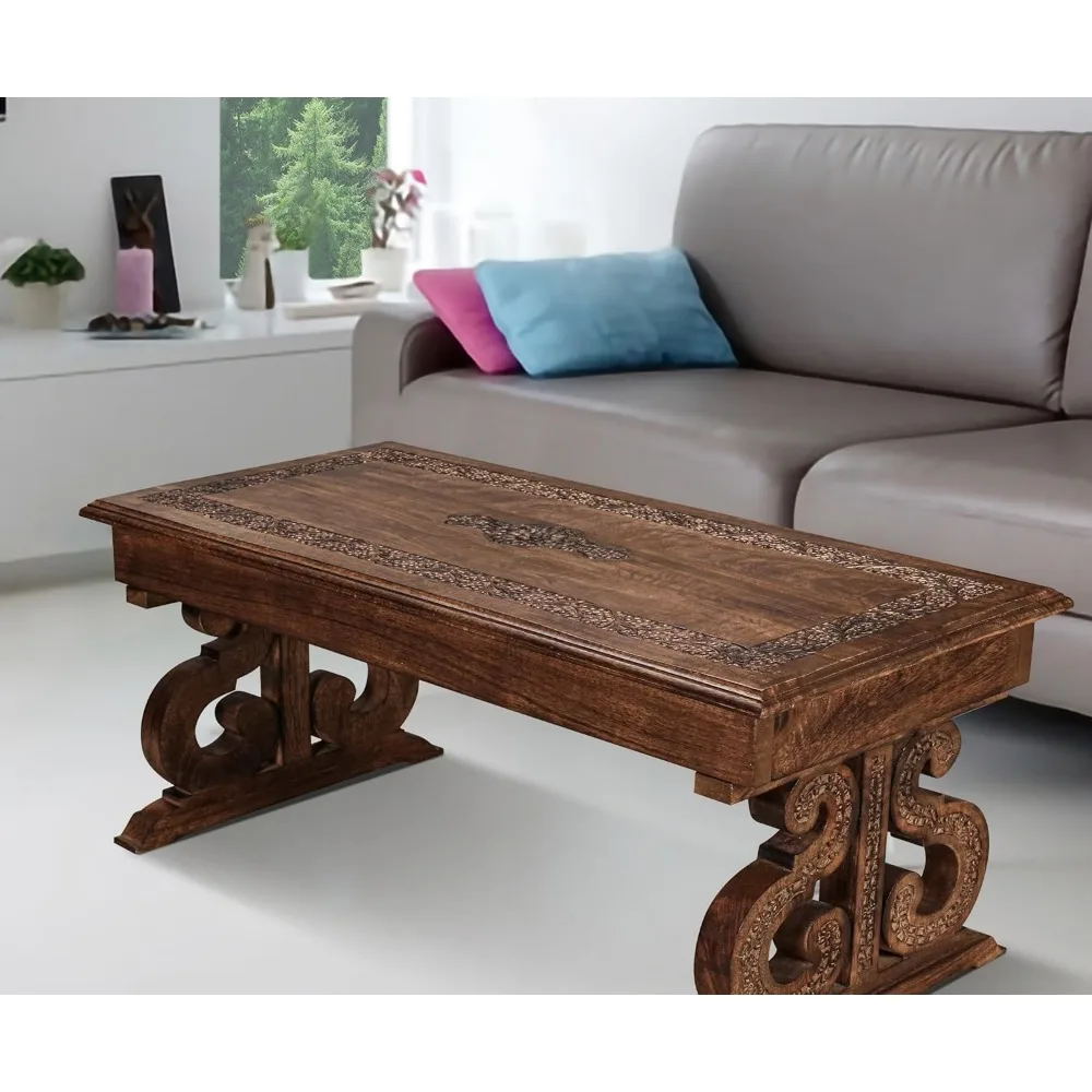Vintage Mango Wood Rectangular Coffee Table - Rustic Living Room Centerpiece with Detailed Carving