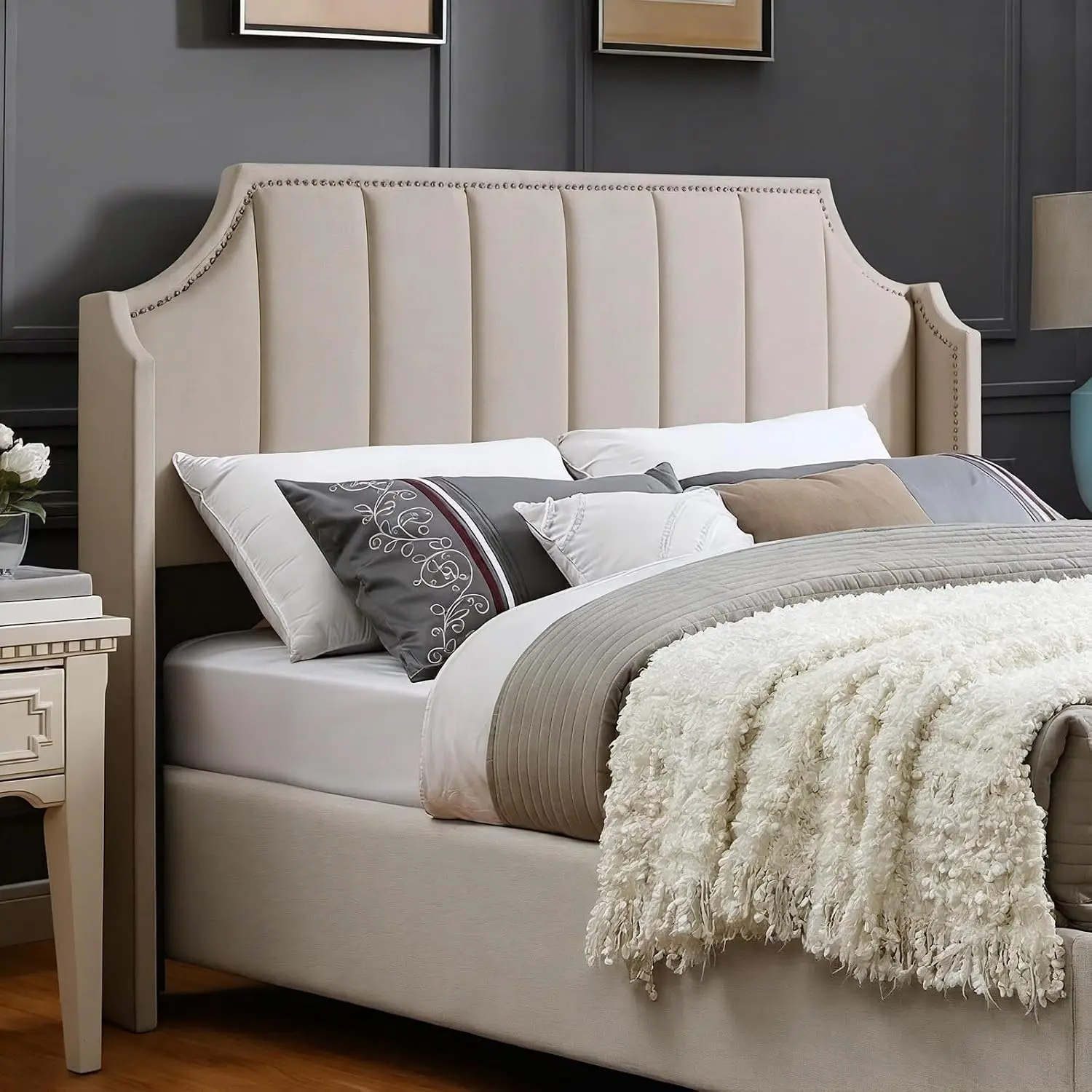 Luxurious Wingback Headboard Only Queen Size, Velvet Upholstered Tufted Headboard with Nailhead Decor for Bed, Customized