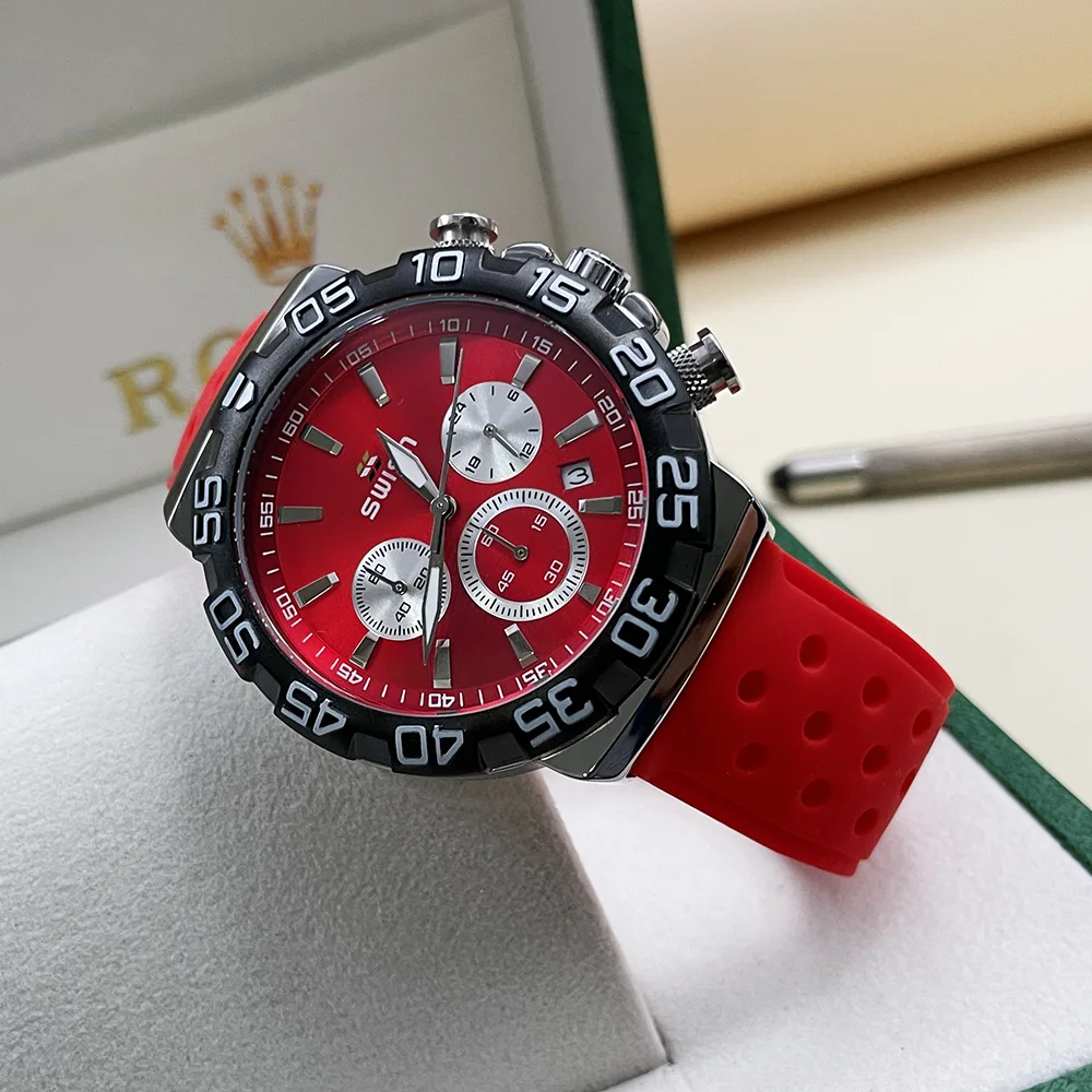 SWISH Waterproof Red Chronograph Watch for Male Sport Wristwatch Military Clock 24 Hours Rubber Strap Relogio Masculino Quartz