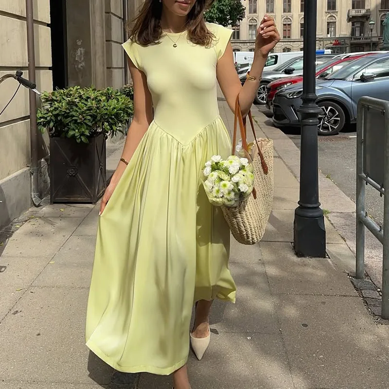

Talenza Yellow Pleated Long Dress For Women O Neck Short Sleeve High Waist Dress Female Fashion Casual Office Lady Elegant Dress