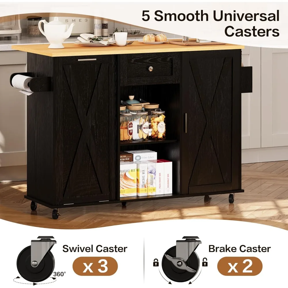 جزيرة المطبخ المتدحرجة مع مساحة تخزين سلة المهملات، عربة جزيرة المطبخ مقاس 48 بوصة مع سطح طاولة على شكل أوراق شجر، وطاولة جزيرة مع درج وها