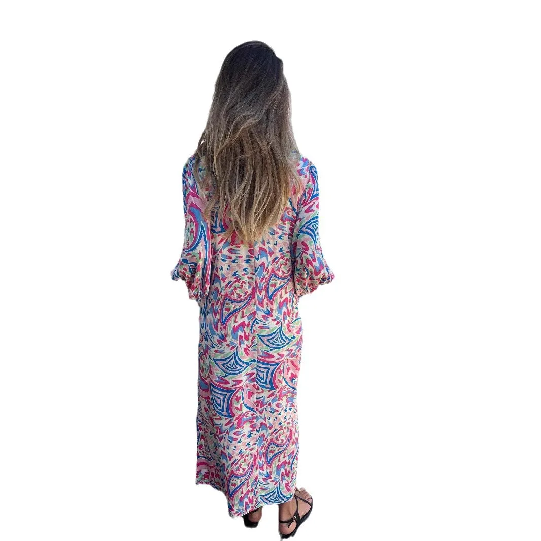 Spring Women's Long Sleeve Casual Style Polyester Material 2025 New Fashion Printed Leopard Pattern V-neck Loose Boho Robe Dress