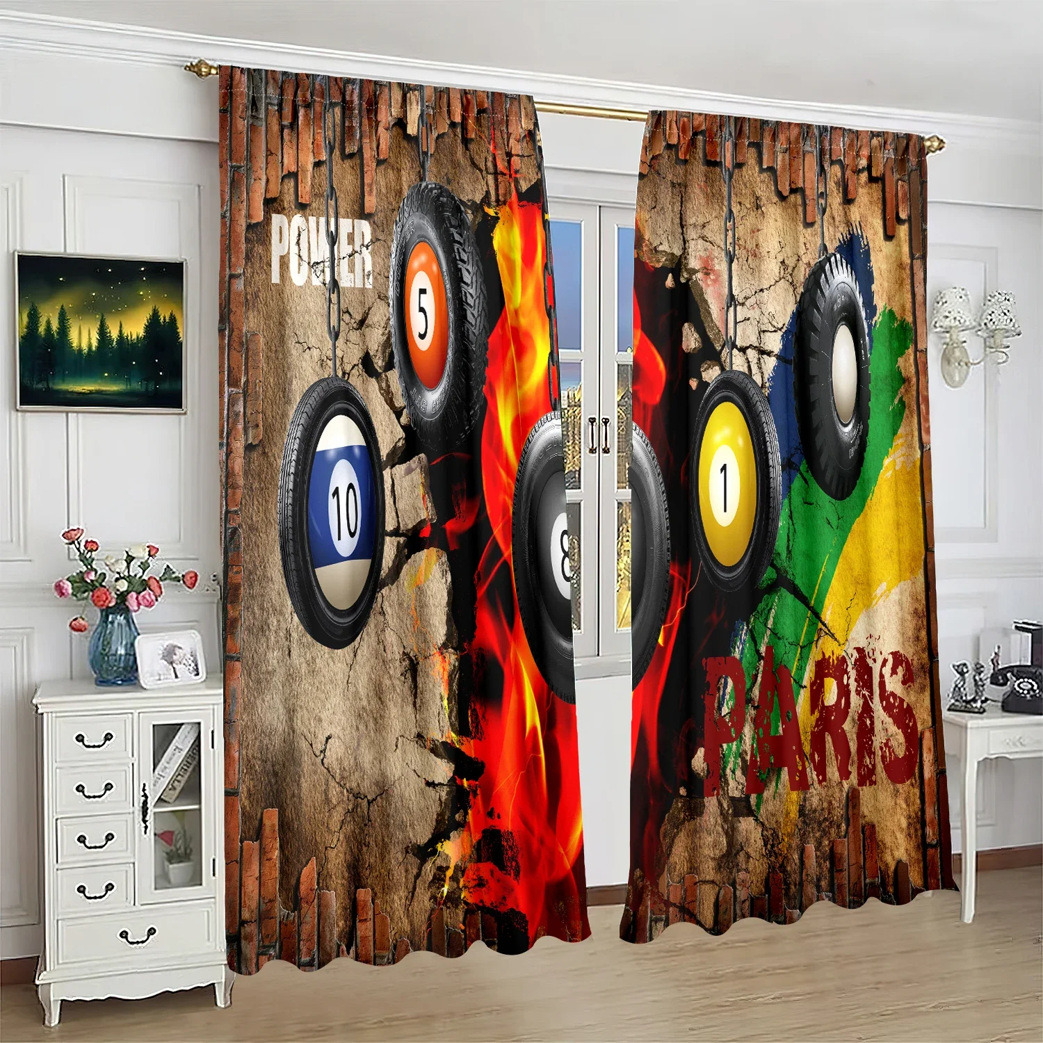 2 pieces of billiard digital pattern printed curtains, bedroom and living room, home decoration, room decoration