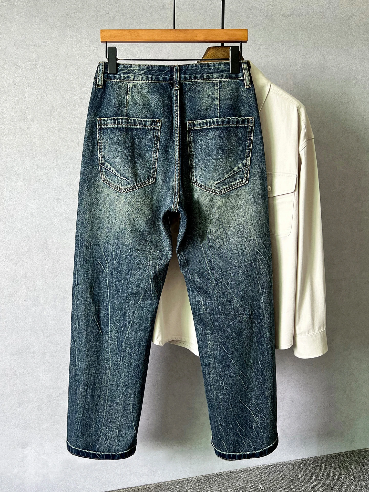남성용 가을 새 스트레이트 레그 청바지 Drawstring Distressed Washed Blue Denim Pants American Casual Fashion Loose Male Trousers