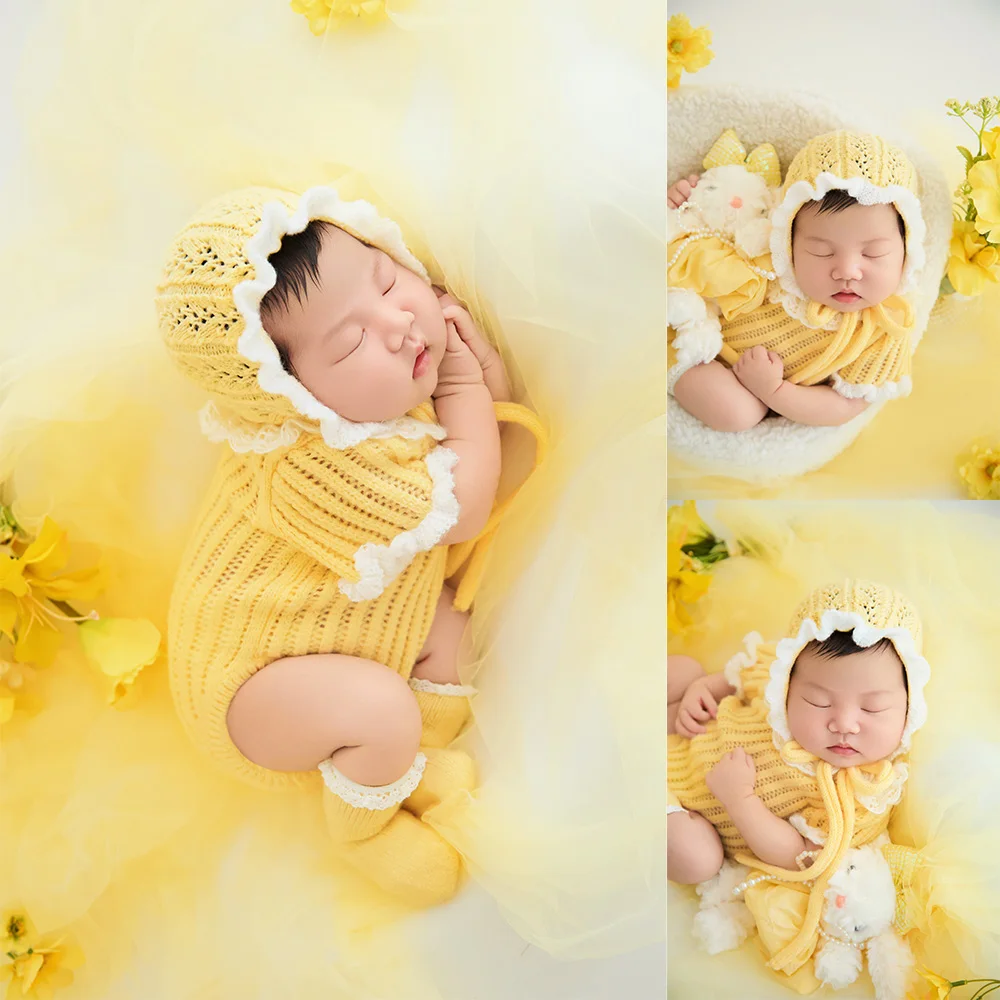 sunny-yellow-theme-newborn-photo-props-yellow-knit-romper-lace-trimmed-hat-set-bunny-plush-prop-baby-studio-shooting-accessories