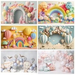 Fondo fotográfico con globos para fiesta de primer cumpleaños, telón de fondo con puerta arqueada, colorido, para recién nacido, Baby Shower y pastel