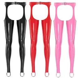 Womens Glossy Wet Look Patent Leather Trousers Cutout Pants Buckle Waist Open Crotch Butt Thigh Skinny Leggings Sexy Clubwear