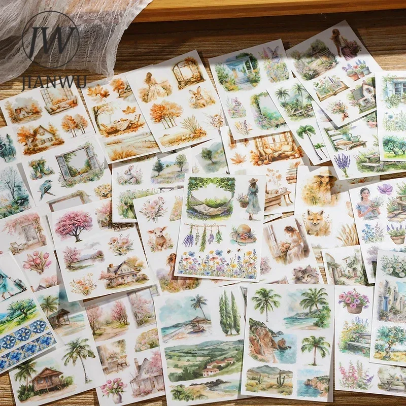 JIANWU Monet and The Garden Series Plant Flower Character Material Collage PVC Transfer Sticker Creative Journal Stationery