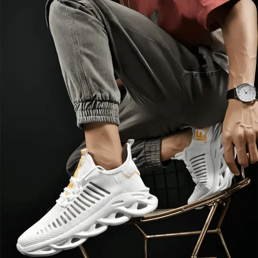 

Men'S Breathable Mesh Sneakers Fashionable Casual Lace-up Design Unique Sole White and Orange Colors Suitable for Sports and Ca