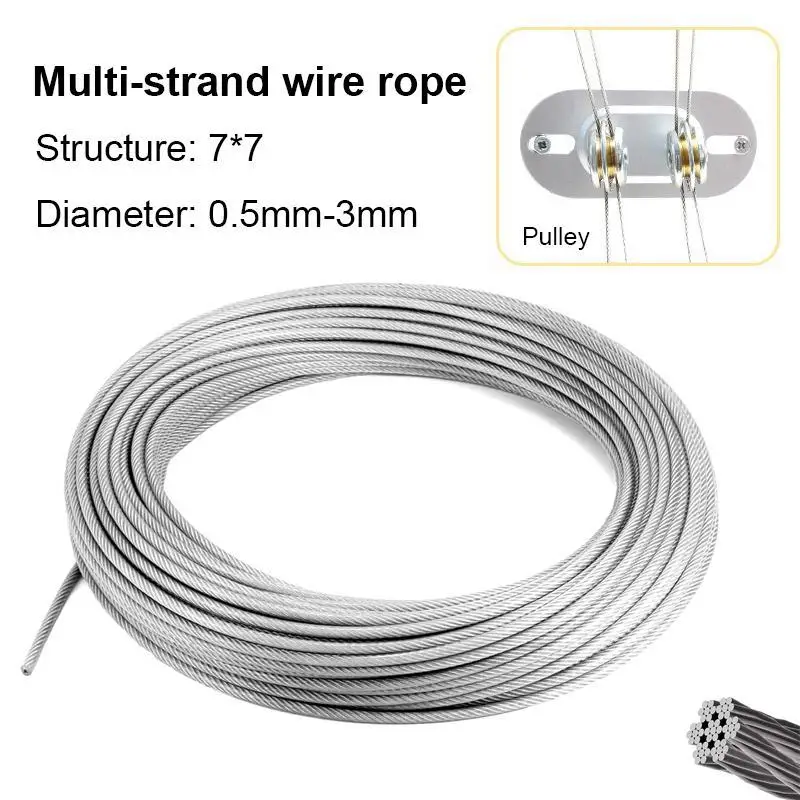 Diameter 0.5-3mm Stainles steel wire 10m/5m rope with of7x7structure soft fishing lifting cable pull rope drying rack wire rope