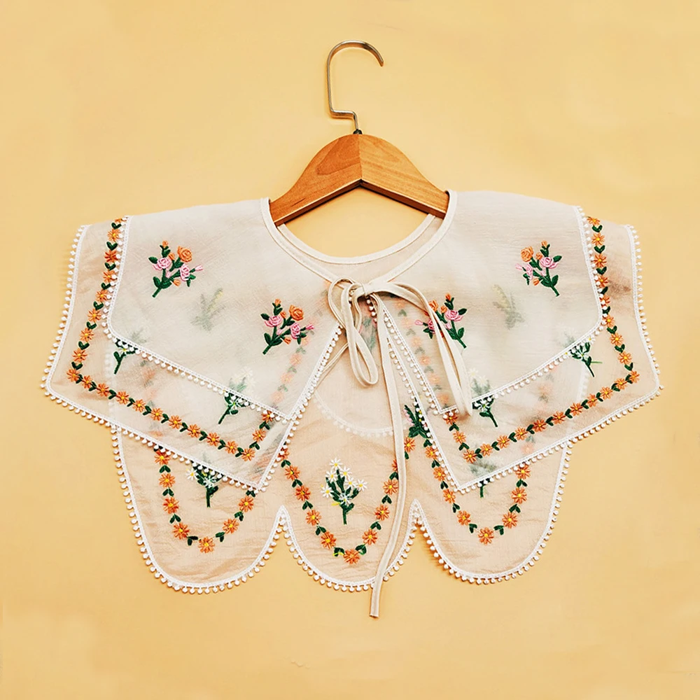 Vintage Women\'s Embroidery Flower Fake Collar Detachable Collars Doll Collar Ladies Shirt Collar Double Sided Use Women Shawl