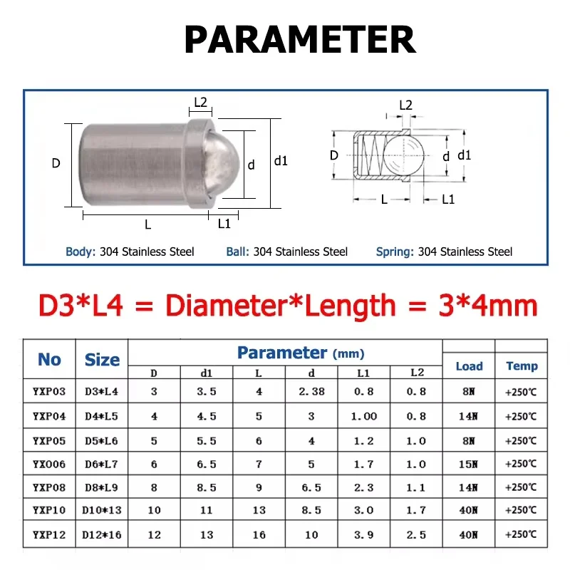 Straight Push Type Spring Plunger D3 D4 D5 D6 D8 D10 D12 304 Stainless Steel Press Fit Locator with POM Ball Head