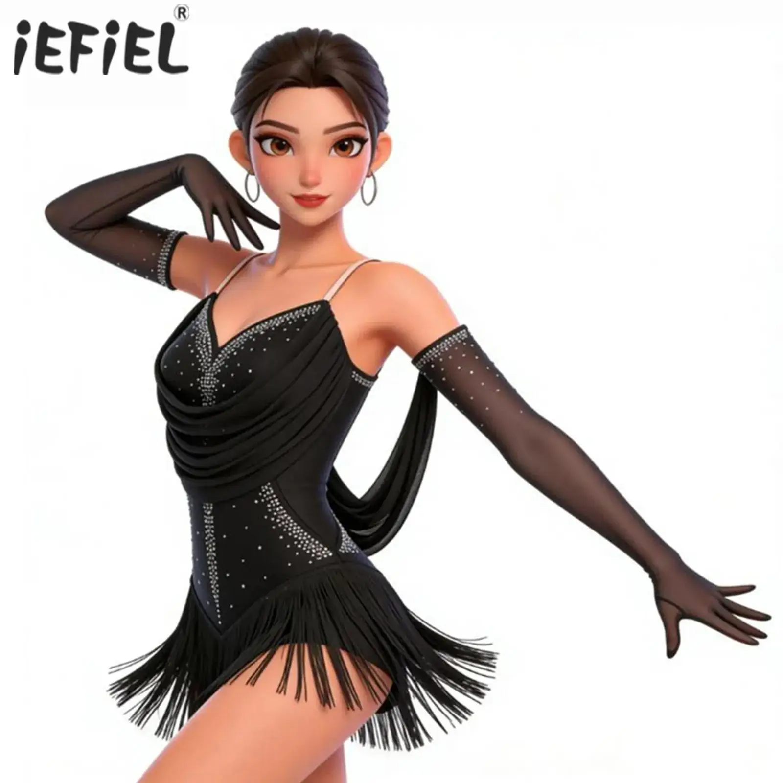 

Womens Glittery Rhinestone Gymnastics Figure Skating Dance Costume Tassel Latin Tango Fringed Leotard Bodysuit with Gloves