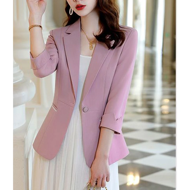 Spring Summer Women Elegant Business Casual Single Button Blazer Jacket Office Lady Notched Neck Solid 3/4 Sleeve Slim Suit Coat