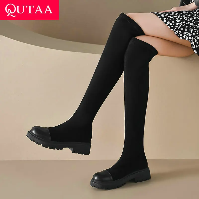 

QUTAA 2024 Stretch Over The Knee Boots Square Med Heel Slip-On Elegant Lady Party High Boots Shoes Woman Size 34-43