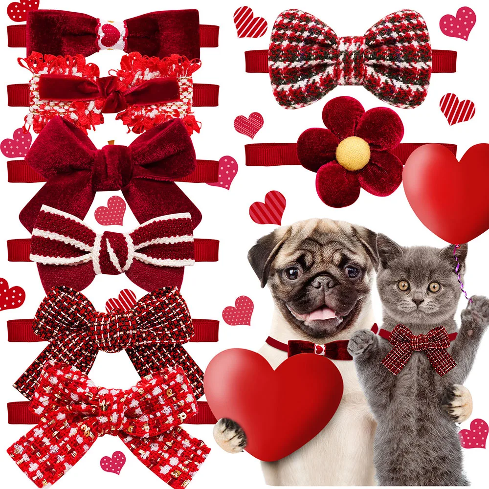 30PCS Red Pet Dog Bowties Puppy Valentine's Day Bowtie for Ajustable Elegant Cat Dog Collar Dog Costume Accessories Pet Supplies