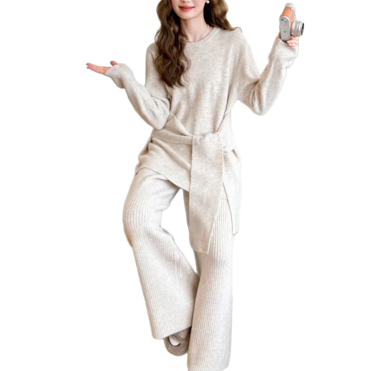 2025 خريف جديد ضوء ناضج نمط الدانتيل متابعة تصميم الخصر الوجهين أعلى لتنحيف أسفل واسعة الساق السراويل دعوى